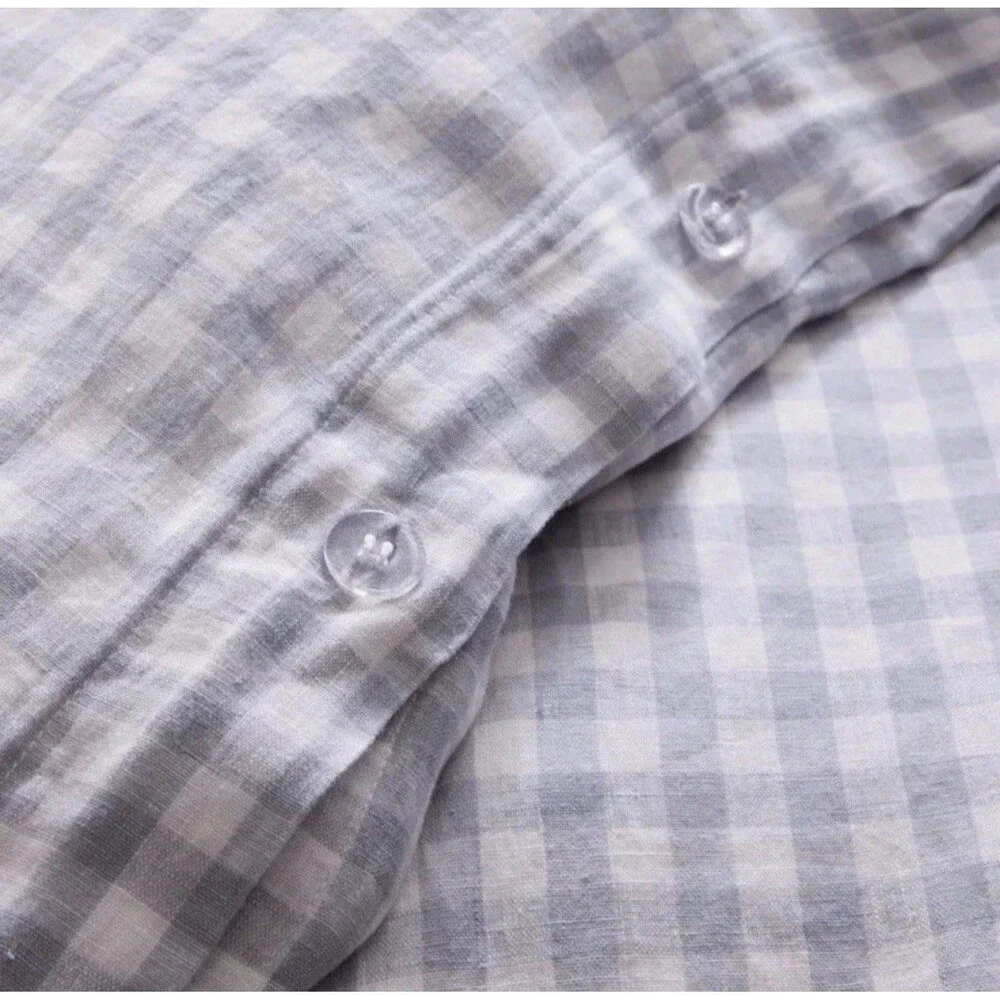 Quince European Linen Gingham Duvet Cover Set Full Queen Blue Fog Discontinued